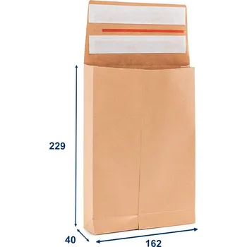 Obálka 250 ks - Obálka papírová s křížovým dnem a bočními sklady (kraft) 162x259, 2 lepící pásky