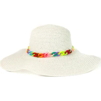 Klobouk Dámský slaměný klobouk s řetízkem B-50 bílý, VELIKOST UNI