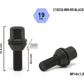 Šroubek na kolo Kolový šroub M14x1,5x30,5 kužel pohyblivý, klíč 19, C19D30-MW-RR-BLACK, výška 61,6 mm, černý