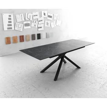Jídelní stůl DELIFE Jídelní stůl Edge 180-220x90cm keramika Laminam®Nero Greco antracitová křížová podnož obdélníkový černý rozkládací