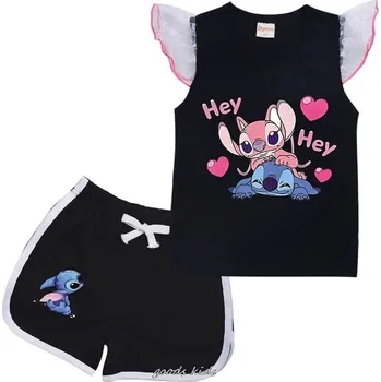Dívčí letní set - tričko + kraťasy s motivem Lilo & Stitch (řasené rukávky) Barva: Černá, Velikost: 160 (13-14 let)