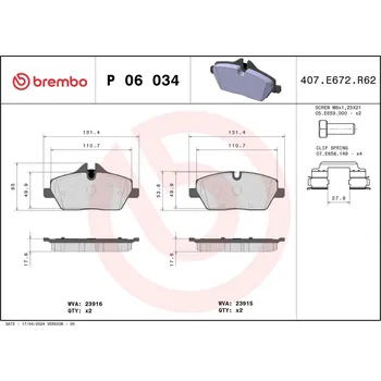 Brzdová destička Sada brzdových destiček, kotoučová brzda BREMBO P 06 034