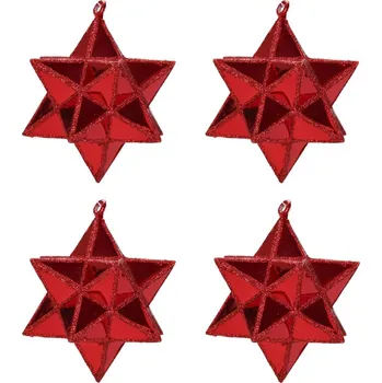 Vánoční dekorace VÁNOČNÍ BAŇKY na vánoční stromeček hvězdičky červené x4 Ø7,5cm OZDOBY NA STROMEČEK