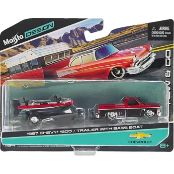autíčko Chevrolet 1500 1987 + přívěs a člun 1:64 - Maisto Chevy 1500 1987 + Bass Boat - kovový model 1/64