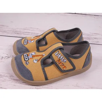 Chlapecké bačkory Bačkůrky plátěnky 3F 3BE3/4 bar3foot super flexi žluté s bagrem barefoot velikost: 26