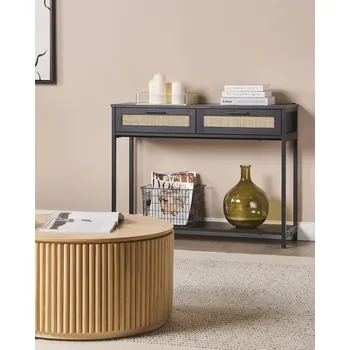 Obývací pokoj Konzolový stolek černě ošetřené dřevo černé nohy z kaučukového dřeva 2 zásuvky ratanové proutí obývací pokoj ložnice předsíň Beliani