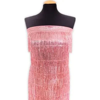 Metráž - Tyl s flitry a třásněmi RŮŽOVÁ - látka na společenské šaty - Růžová, 130 cm