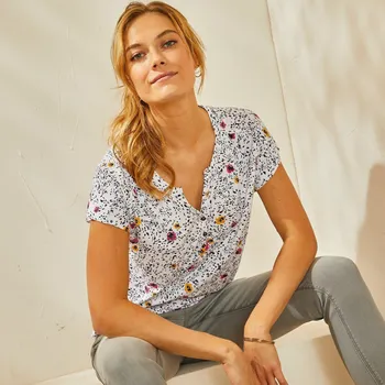 Blancheporte Tričko s výstřihem na knoflíčky a potiskem bílá 52