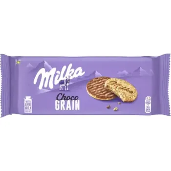 Polomáčené sušenky MILKA CHOCO GRAINS s ovesnými vločkami 126 g (Sušenky MILKA s ovesnými vločkami a celozrnou pšeničnou moukou polomáčené v mléčné čokoládě z alpského mléka 126 g)