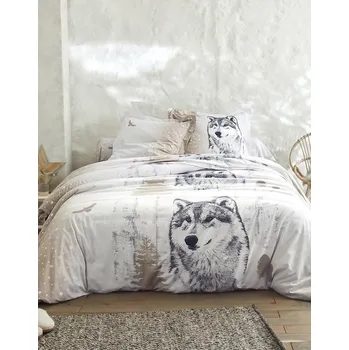 Povlečení Blancheporte Povlečení Arctic s potiskem vlčáka, bavlna hnědošedá klasická plachta 180x290 cm
