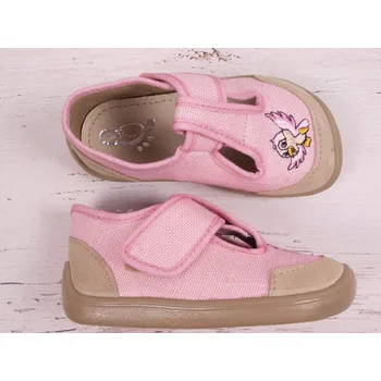 Dívčí bačkory Bačkory plátěnky 3F 2BE8/LN23 bar3foot super flexi růžové s ptáčkem barefoot, suchý zip velikost: 24