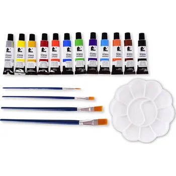 Speciální výtvarná barva ART | SADA 12 omyvatelných dekorativních barev NA SKLO + 4 štětce & paleta | pro kreativní malbu na hladké povrchy Dedra