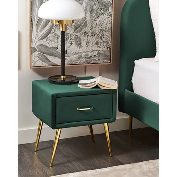 Noční stolek Noční stolek zelený sametový čalouněný 1 zásuvka minimalistický design nábytek do ložnice Beliani