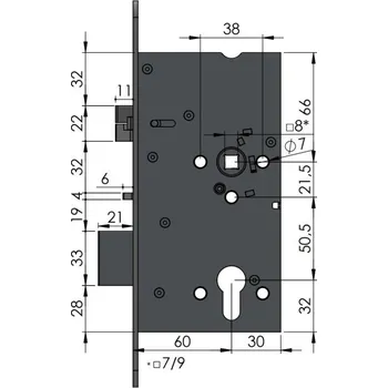 zadlabací zámek Erbi Zadlabací zámek se samozamykáním a panikovou funkcí Rozteč a orientace: 72/60, pravý/levý