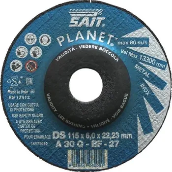 Brusný kotouč Sait 06000 - Kotouč brusný pr. 115 x 6,0 mm upínací otvor 22,2 mm na kov a nerez, zrno A 30 Q INOX PLANET tvarový