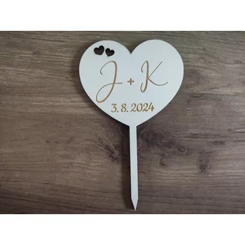 Svatební dekorace Svatební zápich srdíčko se srdíčky a iniciály