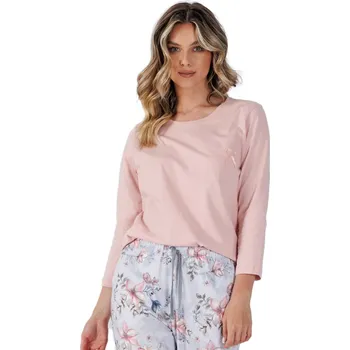 Dámské pyžamo Pudrovo-mintové dlouhé pažamo Leveza Rose 1522 7/8 M-2XL Velikost: M, Barva: pudrová