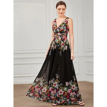 Dámské oblečení Ever Pretty dlouhé černé šaty bez rukávů s květinovým potiskem - XXL