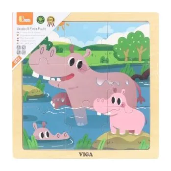 Dřevěné puzzle 9 dílků - hroši