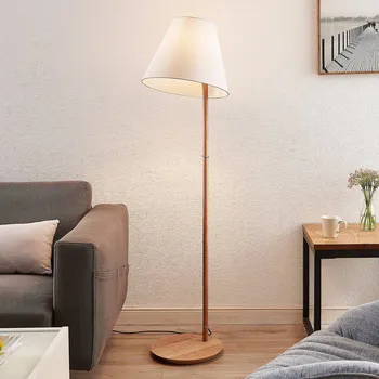 Lampička Stojací lampa Lucande Jinda, bílá, dřevo, látka, 160 cm, E27 - Základna - Ø 35 cm, výška 3 cm; stínidlo - Ø nahoře 20 cm, Ø dole 40 cm, výška 32 cm bílý, tmavý dub 1 x 60 W - Doprava zdarma