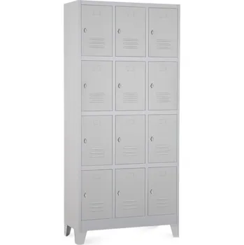 Šatní skříň Kovová šatní skříňka - 12 boxů, 90 x 40 x 195 cm, pevné nohy, otočný zámek, světle šedá - ral 7035