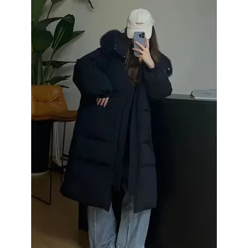 Dámská parka Dlouhá péřovka zimní bunda s kožíškem Barva: Černá, Velikost: ONE SIZE