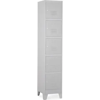 Šatní skříň Kovová šatní skříňka - 5 boxů, 38 x 45 x 195 cm, pevné nohy, cylindrický zámek, světle šedá - ral 7035
