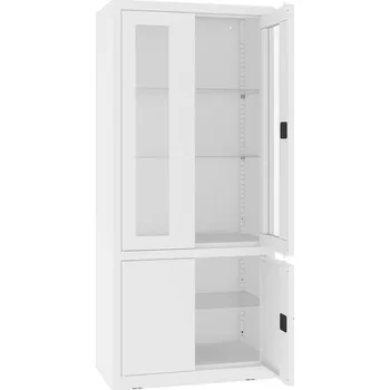 Kovová skříň, horní dveře prosklené, dolní plné, kovové police, dvoukřídlé dveře, š x h x v: 800x435x1800 mm, barva bílá RAL9010