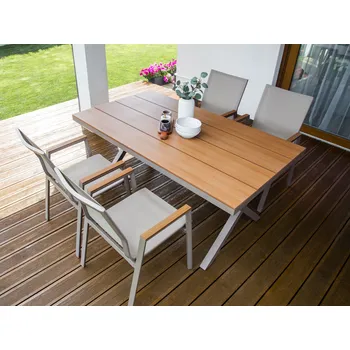 Jídelní set Zahradní jídelní set taupe hliníkový rám plastový dřevěný jídelní stůl 4 židle Beliani