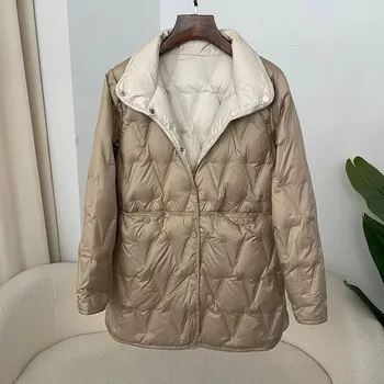 Dámská parka Midi prošívaná péřovka zimní bunda Barva: Khaki, Velikost: L