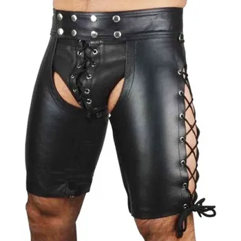 Pánské koženkové kraťasy, šněrovací chapsy Černá L