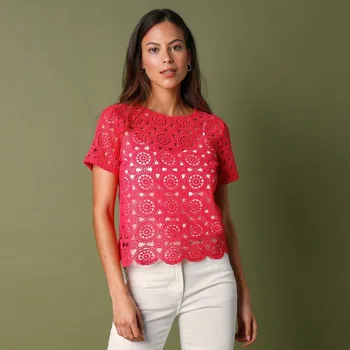 Tričko s macramé a krátkými rukávy růžová 46/48