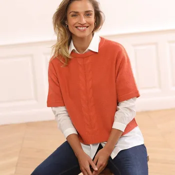 Dámský svetr Pulovr s rukávy k loktům a copánkovým vzorem oranžová 34/36