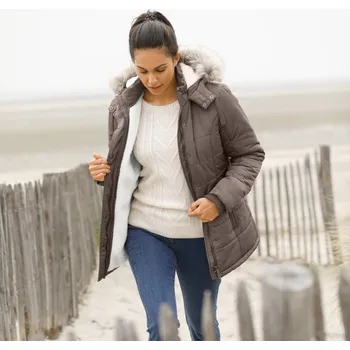 Dámská parka Nepromokavá bunda s kapucí a imitací kožešiny hnědošedá 46