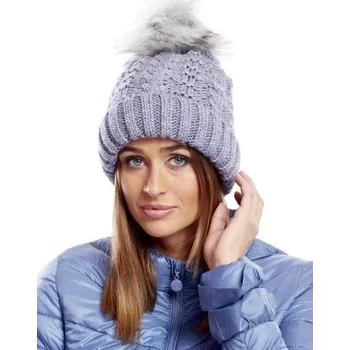 Pokrývka hlavy Dámská čepice s kožešinovou bambulí modrá