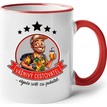 Keramický hrnek Vášnivý cestovatel, objede svět za pakatel, Barva Červená, Velikost 330 ml, Canvas Keramický hrnek s barevným uchem Bezvatriko.cz 2684