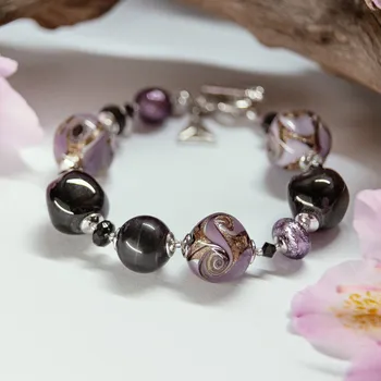 Náramek Lampglas Náramek Lavender Charm s avanturinem, unikátní kresbou a ryzím stříbrem v perlách Lampglas