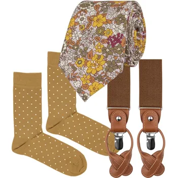 Kravata Bubibubi Sada Tomi k obleku na podzimní svatbu - Květinová kravata, hnědé kšandy, hořčicové ponožky s puntíky velikost ponožek 43-46