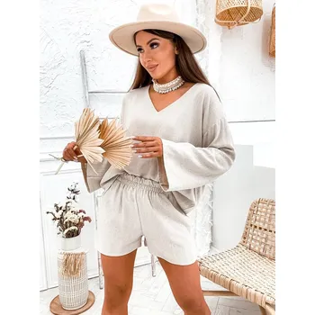 Béžový lněný dámský komplet - oversize halenka a šortky (752) odstíny béžové L (40)