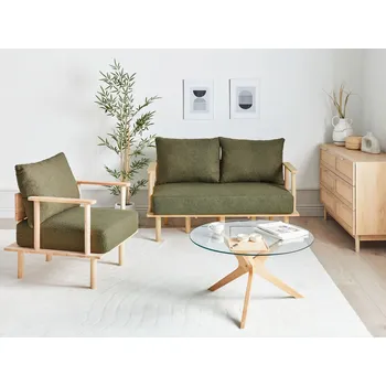 Sedací souprava Sedací souprava tmavě zelená kaučukové dřevo buklé čalounění 3místná 2místná pohovka křeslo moderní Japandi styl obývací pokoj Beliani