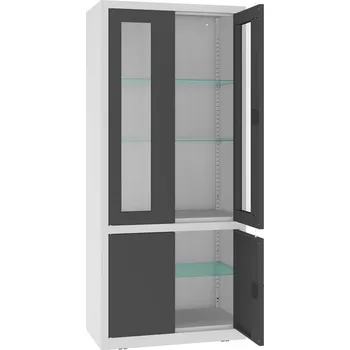 Kovová lékárenská skříň, horní dveře prosklené, dolní plné, skleněné police, dvoukřídlé dveře, š x h x v: 800x435x1800 mm, barva dveří antracitová RAL7016