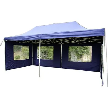 Zahradní stan Větší nůžkový zahradní altán obdélníkový 3x6 m, boční stěny s okny, modrý