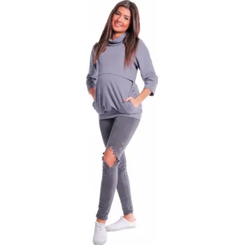Těhotenské šaty Be MaaMaa Těhotenské a kojící teplákové triko - metalická šeď, vel. XL, Velikosti těh. moda XL (42)