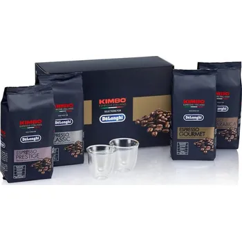 Kuchyňský spotřebič De'Longhi Sada pro ochutnávku kávy Kimbo for De'Longhi, se zrnkovou kávou 4 x 250 g a 2 sklenicemi Espresso DLSC316