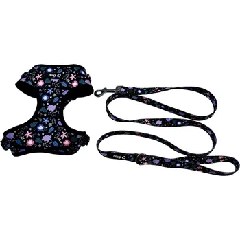 Postroj pro psa doogi.cz Sada černého postroje a vodítka s motivy květin Velikost: XS