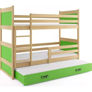 BMS GROUP Dětská patrová postel Rico - 3 osoby, 80x190 s výsuvnou přistýlkou bez matrace – Borovice, Zelená, Zelená