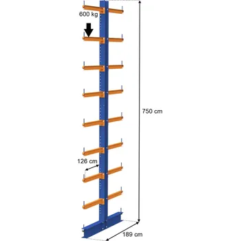 Dílenský regál Oboustranný konzolový regál MECALUX 0+7, výška 750 cm, nosnost na rameno 600 kg - 1 modul