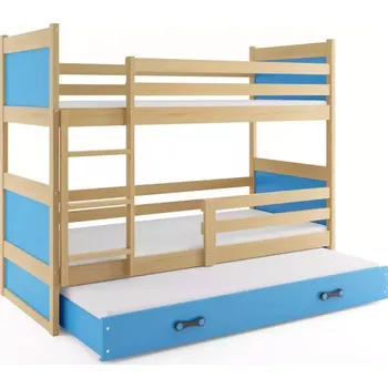 BMS GROUP Dětská patrová postel Rico - 3 osoby, 80x190 s výsuvnou přistýlkou bez matrace – Borovice, Modrá, Modrá