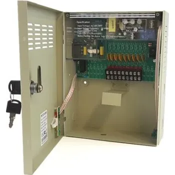 LURECOM CA 1009 UPS - napájecí zdroj s 12V záložním zdrojem UPS, 9 výstupních kanálů, max. zatížení 10A v kovové skříni se zámkem