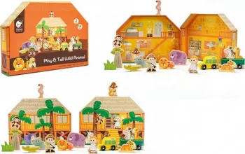 Dřevěná hračka Teddies TD85031 Safari/ZOO figurky 16 ks + domeček
